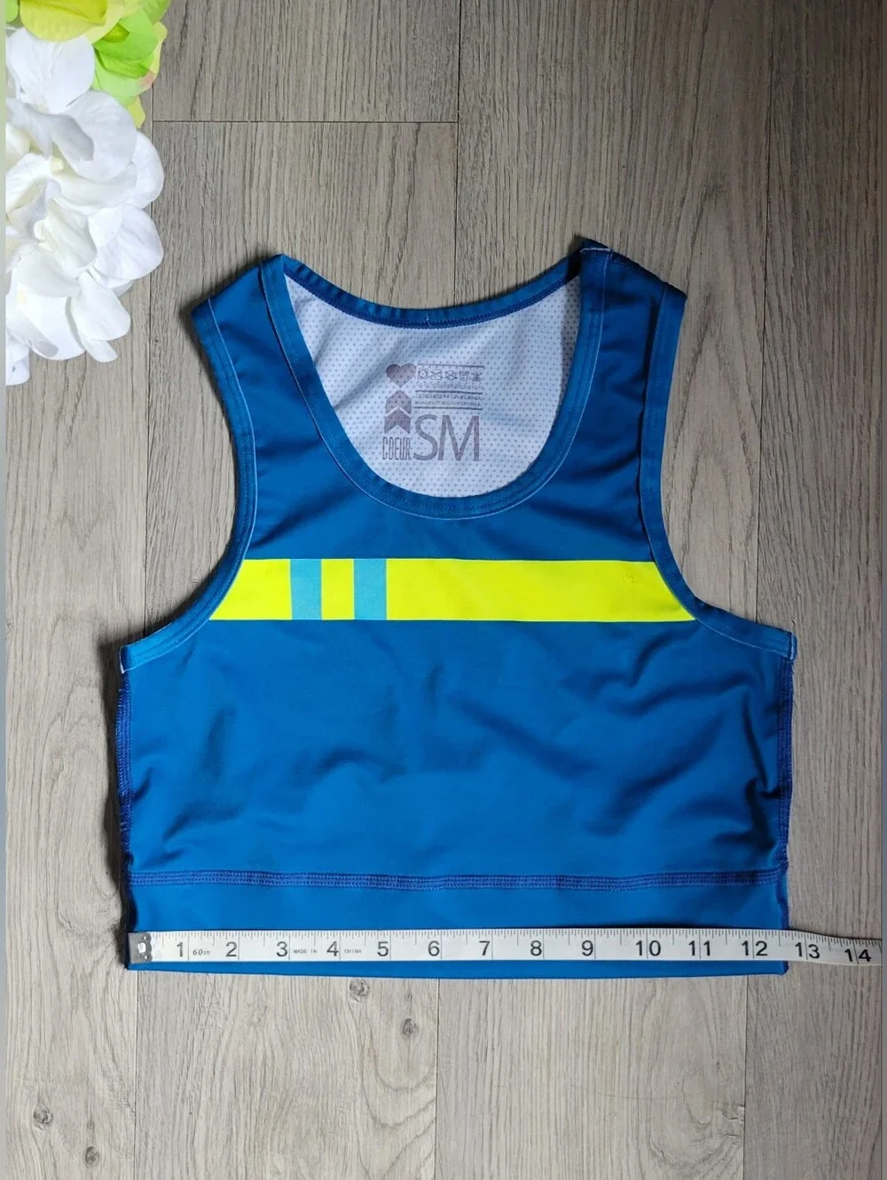 Coeur Sports Run Tech Crop in Flagship Blue & Yellow Racerback Sports Bra, Small
